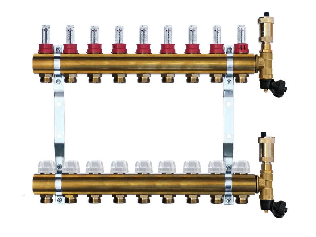 WATERFLOW rozdeľovač 9 MOSADZ Heat Basic prietokomer komplet  