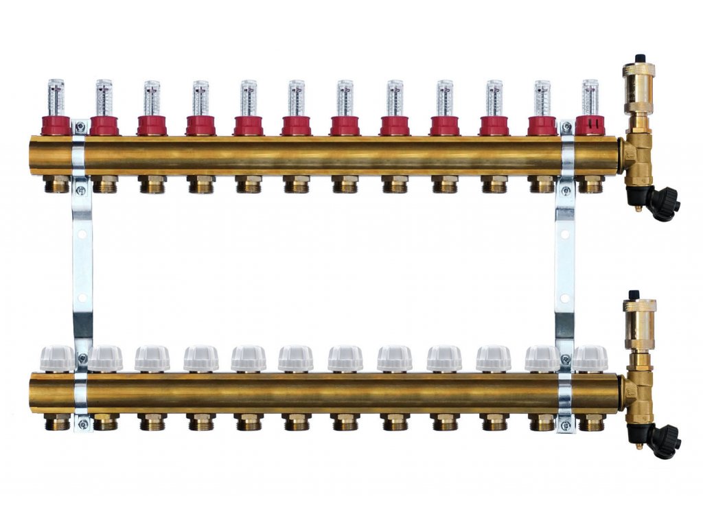 WATERFLOW rozdeľovač 12 MOSADZ Heat Basic prietokomer komplet